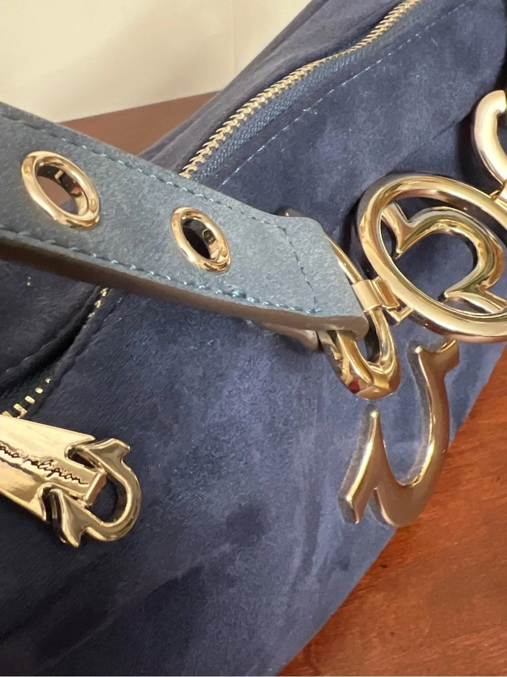 True Religion blue Suede Shoulder Bag with Gold Accent